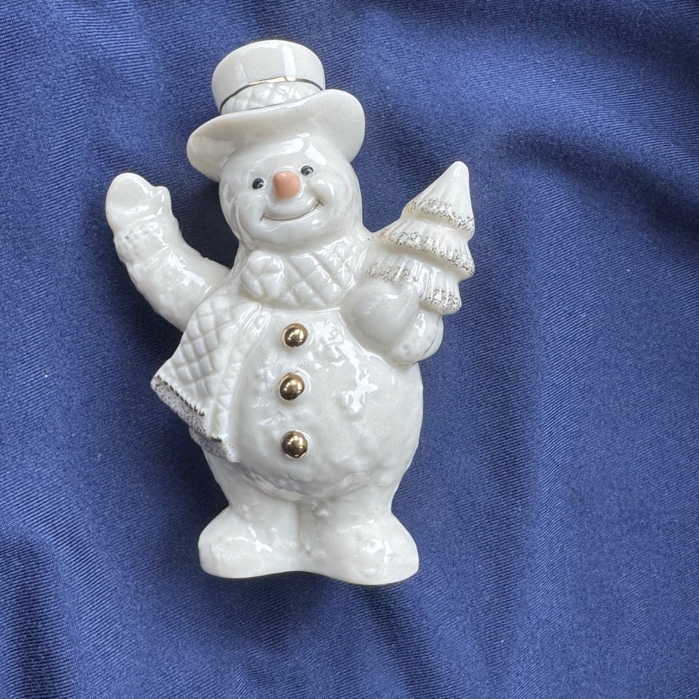 Lenox‎ White & Gold Snowman 24k Gold Accents Holding Tree 4" Christmas Holiday